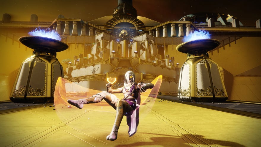 A Hunter reclines on their Calus throne emote, raising a glass to the camera as the Leviathan Raid looms behind them in Destiny 2.