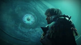The armoured Sloane stands by the eye of giant wurm Ahsa in a Destiny 2: Season of the Deep screenshot.