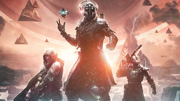 Artwork for Destiny 2 expansion The Final Shape showing three helmeted folks in front of floating triangles