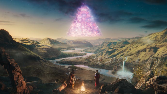 Cayde-6 und Ikora betrachten im CG-Trailer von Destiny 2: The Final Shape ein riesiges rosa Dreieck, das über dem Tal aufragt.