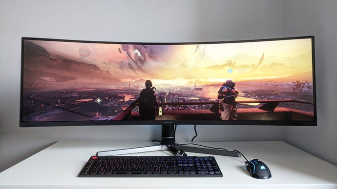 A photo of an ultrawide gaming monitor running Destiny 2