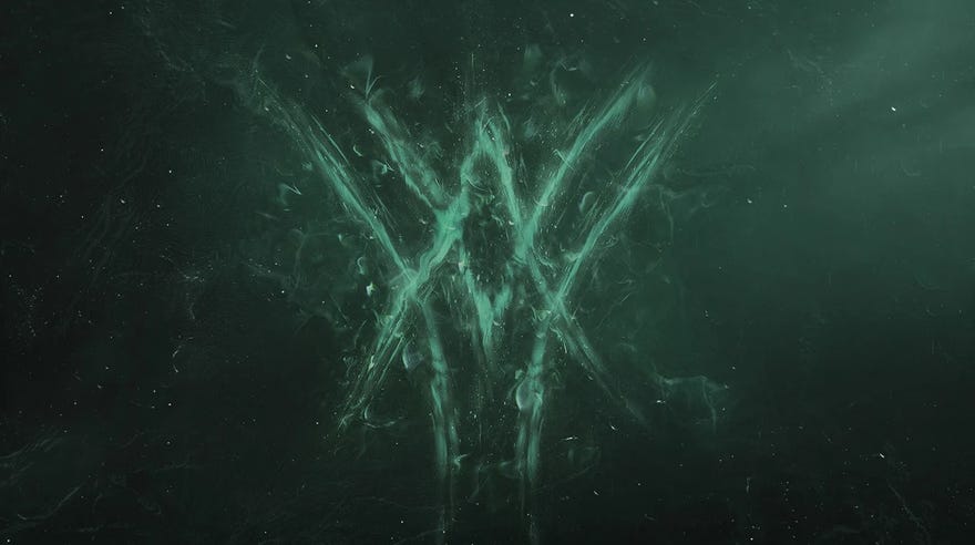 Destiny 2 - A teaser image for The Witch Queen expansion reveal. A flaming green logo made up of intersecting carats pointing up and down.