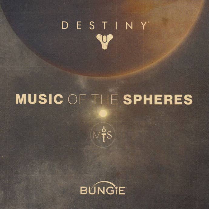 La pochette de « Musique des sphères » de Destiny ;  une planète plane en haut de l'image, avec le symbole du Destin au-dessus.