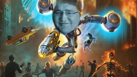 Crypto from Destroy All Humans floating over some scared humans, but he has the face of Gabe Newell rather than his own regular face