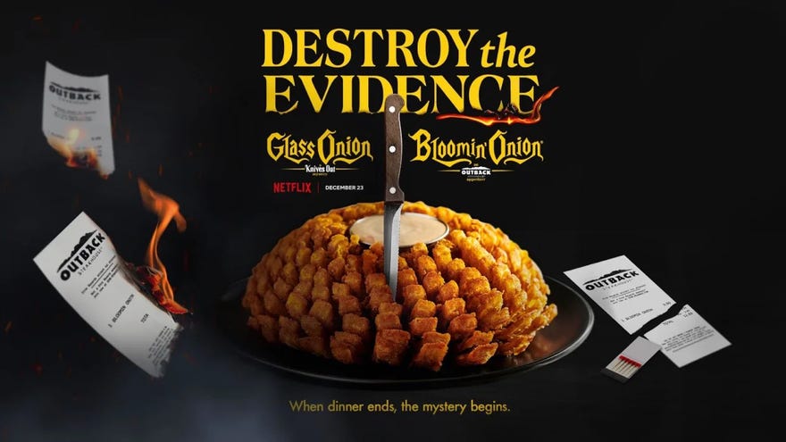 Promotional image featuring a bloomin onion with a knife in it, around it are burning receipts