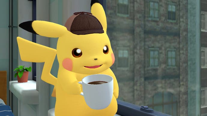 Detective Pikachu Returns screens howing Pikachu in a Sherlock Holmes hat holding a mug of coffee by a window