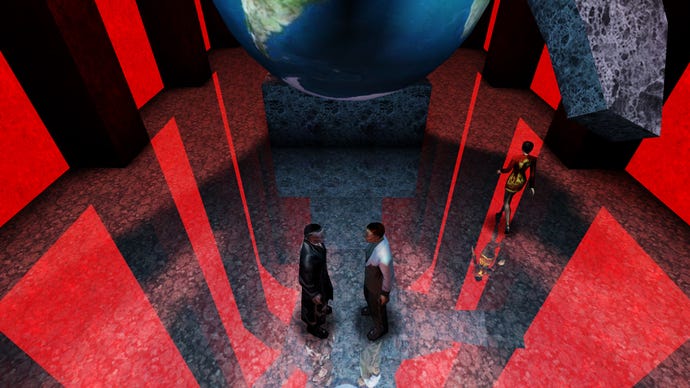 Dastardly conspirators stand beneath a statue of a hand clutching the globe in a Deus Ex screenshot.