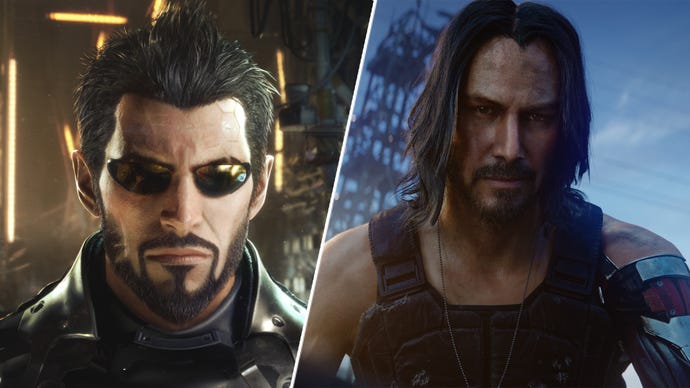Deus Ex's Adam Jensen alongside Cyberpunk 2077's Johnny Silverhand.