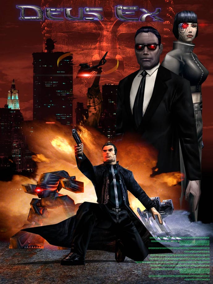 Dystopian scenes in Deus Ex poster artwork.