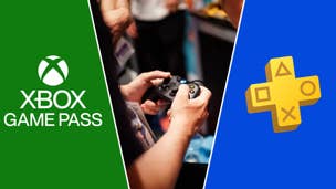 Logos for Xbox Game Pass and PS Plus flank a photograph of a man holding an Xbox pad at a conference