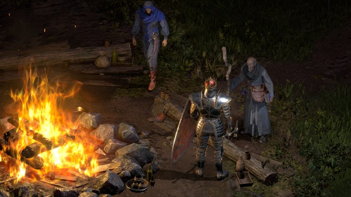 Staying awhile, and listening, with Deckard Cain by the campfire in a Diablo II: Resurrected screenshot.