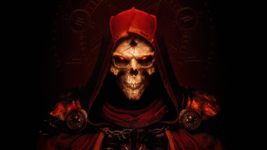 A skeletal face in the Diablo 2: Resurrected key art.