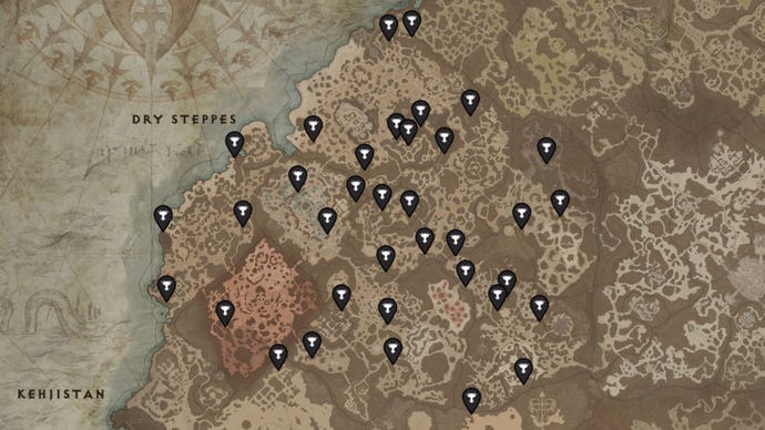 Un mapa de Dry Steppes, una región en Diablo 4, con las ubicaciones de todos los Altars Of Lilith marcados con alfileres negros.