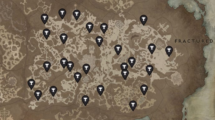 Un mapa de Fractured Peaks, una región de Diablo 4, con las ubicaciones de todos los Altars Of Lilith marcados con alfileres negros.