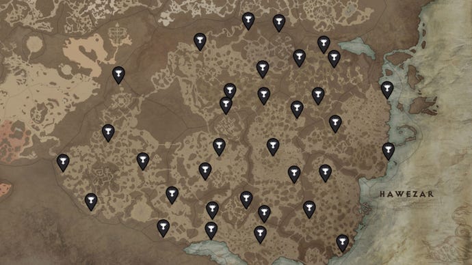 Un mapa de Hawezar, una región de Diablo 4, con las ubicaciones de todos los altares de Lilith marcados con alfileres negros.
