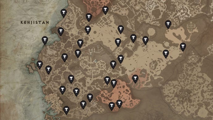 A map of Kehjistan, a region in Diablo 4, with the locations of all Altars Of Lilith marked with black pins.