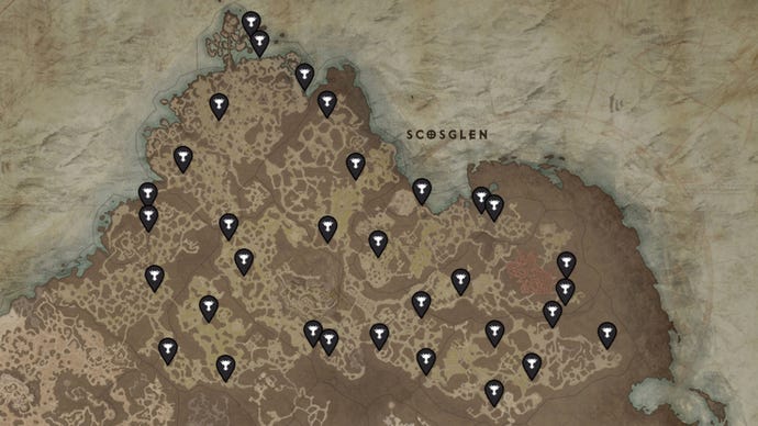 Un mapa de Scosglen, una región de Diablo 4, con las ubicaciones de todos los altares de Lilith marcados con alfileres negros.