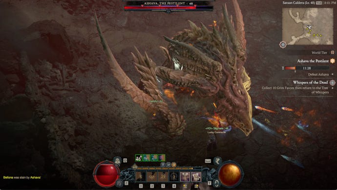 Una batalla de jefes de Diablo 4 Ashava, the Pestilent, presenta jugadores en World Tier II.