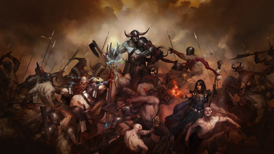 Diablo IV concept art showing heroes battling a horde of enemies.