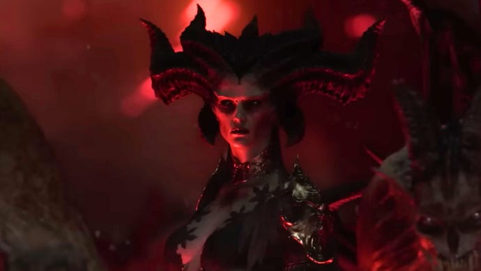 Diablo 4 Lilith looks on in a Hellish gaze.