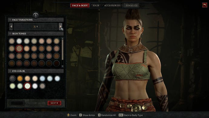 The character creation screen in Diablo 4's beta, showing a big buff barbarian woman