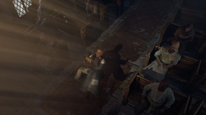 A scene in Diablo 4's open beta showing a priest kneeling in a ray of light in a church, looking troubled