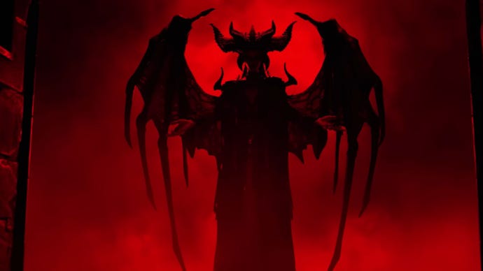 Diablo 4's Lilith's silhouette in a spooky backdrop.