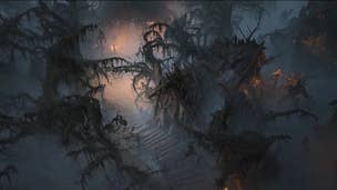 Diablo 4 Brought to Heel: Several bare trees with scraggly, grasping branches line a foggy, dank pathway illuminated only by a few small lanterns