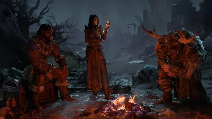 A Diablo IV screenshot showing three heroes round a campfire.