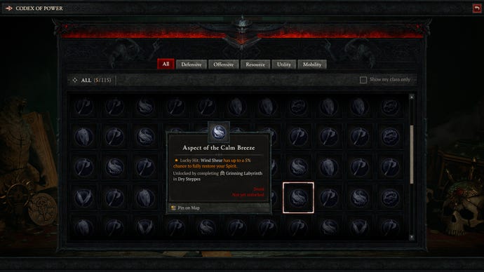 The Codex Of Power screen in Diablo 4, showing most of the Legendary Aspects in the game.