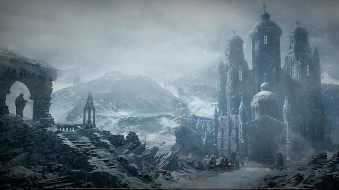 A snowy Diablo 4 townscape background.