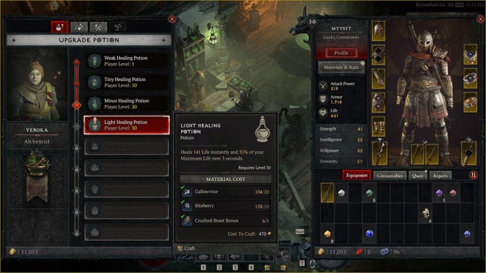 La interfaz de usuario que muestra una receta de poción, que requiere cinco Diablo 4 Crushed Beast Bones.
