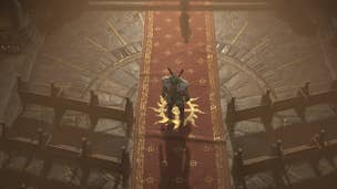 Diablo 4 Donan's Favor: A man wearing a green skirt and a green turban is standing on a long red carpet, emblazoned with a golden sunburst