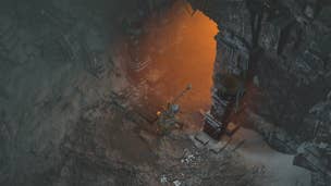 Diablo 4 dungeon reset: A man is standing in the snow wearing nothing but a horned helmet and a fuzzy loincloth. In front of him looms a large doorway with flame-colored light emanating from inside