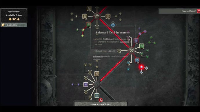 Una imagen de un árbol de habilidades de Diablo 4 del juego tardío que muestra los costos de las especificaciones.
