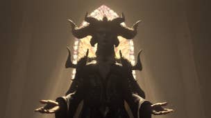 Diablo 4 gallowvine: A large woman with thick horns and a jagged black dress is depicted in relief against a pale light shining through a stained glass window