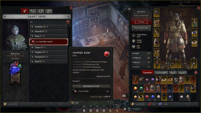 Una interfaz de usuario de Diablo 4 Gems que muestra cómo fabricar un rubí astillado en el joyero.