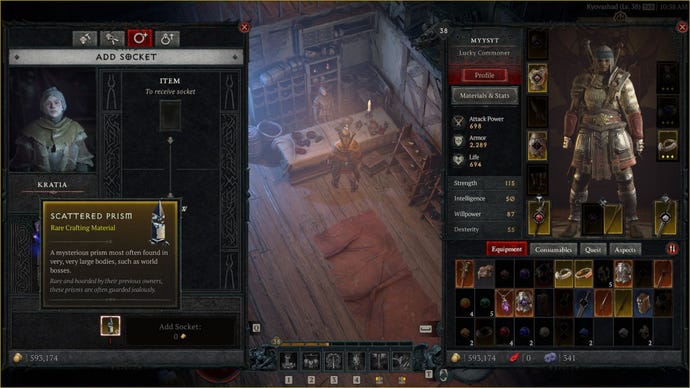 A Diablo 4 Gems user interface showing Scattered Prisms as a required material to add sockets.