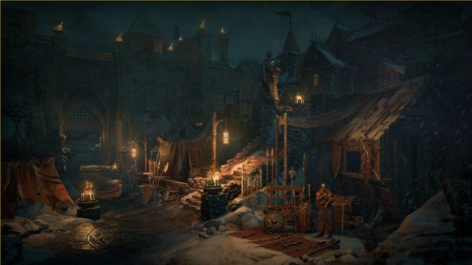 Un escenario de ciudad, donde puedes intercambiar gemas de Diablo 4 con el joyero.