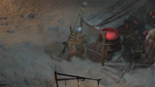 How to get more potions in Diablo 4: A large man wearing a furry loincloth and a horned helmet is standing next to a cauldron with bubbling red liquid inside