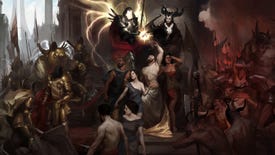 Diablo IV concept art showing Inarius, Lilith, and their forces.