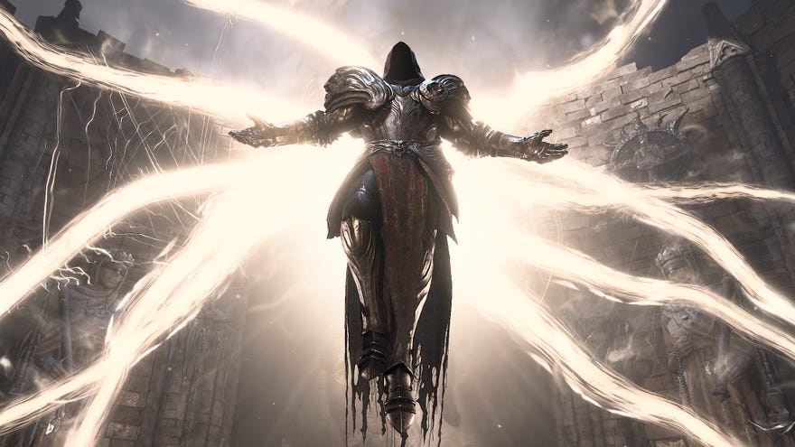Inarius ลงมาบนปีกของแสงในภาพหน้าจอ diablo 4 cutscene