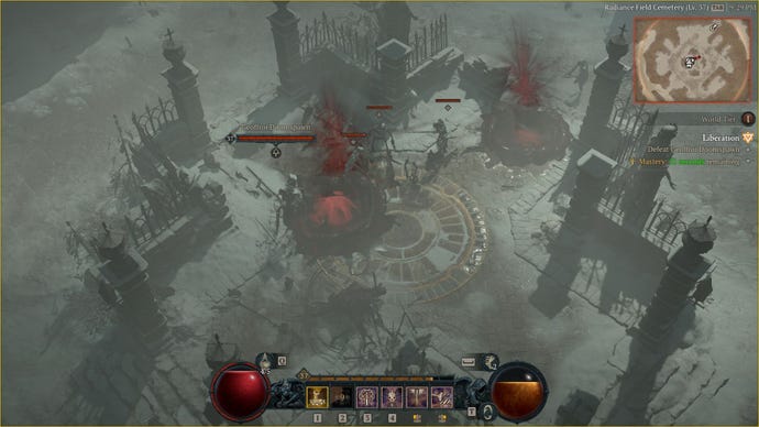 Una captura de pantalla del evento mundial Radiance Field World Cemetery, que puede funcionar como una granja de equipo legendario de Diablo 4.