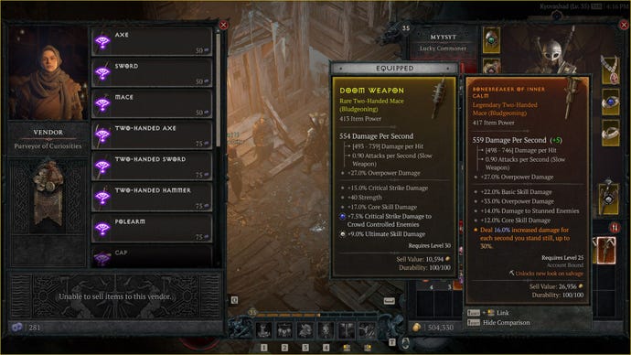 A character recieves a piece of Diablo 4 Legendary gear from the Murmuring Obols vendor.