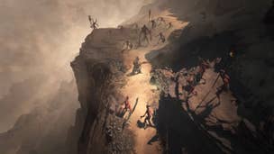 Diablo 4 Lifesbane locations: A warrior in red armor stands on a sandy, rocky outcrop. Red, horned demons surround them
