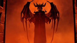 A tall, demonic woman with horns and large bat like wings stands in a doorway, red mist all around her. This is Lilith, from Diablo IV