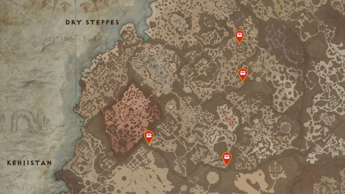 Un mapa de la región de Dry Steppes de Sanctuary en Diablo 4, con todas las ubicaciones posibles de Mystery Chest marcadas con alfileres rojos.