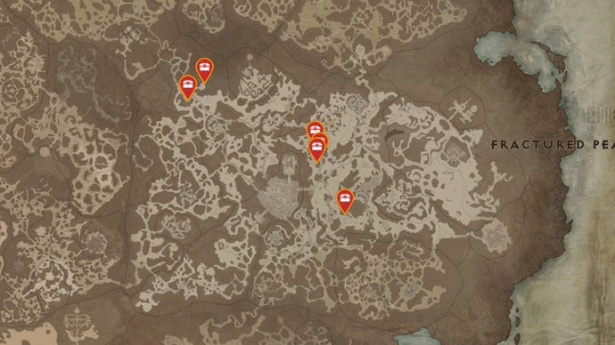 Un mapa de la región de Fractured Peaks de Sanctuary en Diablo 4, con todas las ubicaciones posibles de Mystery Chest marcadas con alfileres rojos.