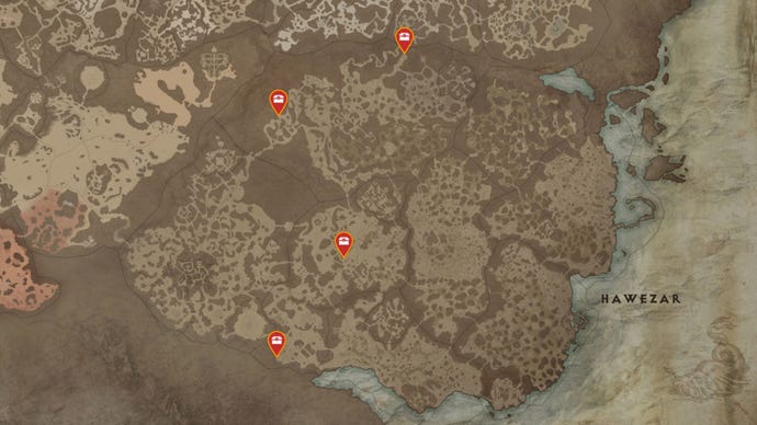 Un mapa de la región Hawezar de Sanctuary en Diablo 4, con todas las ubicaciones posibles de Mystery Chest marcadas con alfileres rojos.