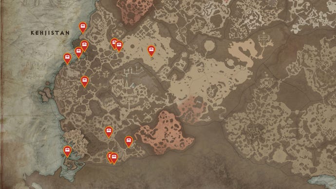 Un mapa de la región de Kehjistan de Sanctuary en Diablo 4, con todas las posibles ubicaciones de Mystery Chest marcadas con alfileres rojos.